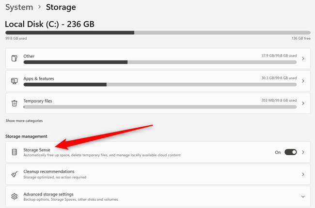 Nhấp vào "Cảm biến lưu trữ".