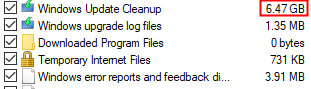 Ví dụ về dọn dẹp hệ thống, với kích thước phần còn lại của bản cập nhật Windows trong hộp màu đỏ