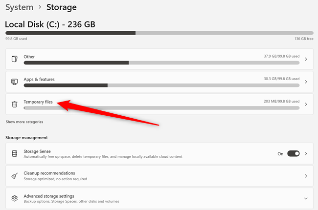 Nhấp vào "Tệp tạm thời".