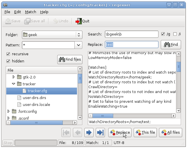 Simplify Regular Expression Search/Replace with Regexxer on Linux