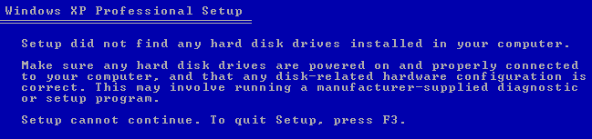 Resolving &quot;Setup did not find any hard disk drives&quot; during Windows XP Installation