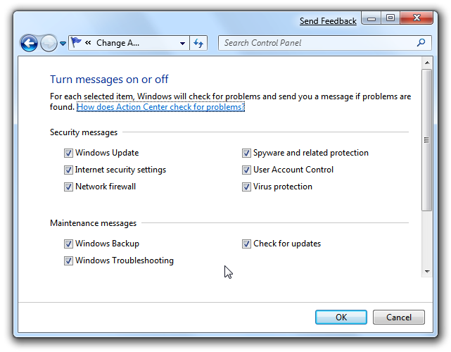 Windows 7 Action Center Messages on or off