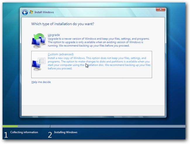 Windows 7 Install Choose Type