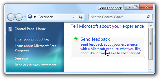 Windows 7 Send Feedback Control Panel