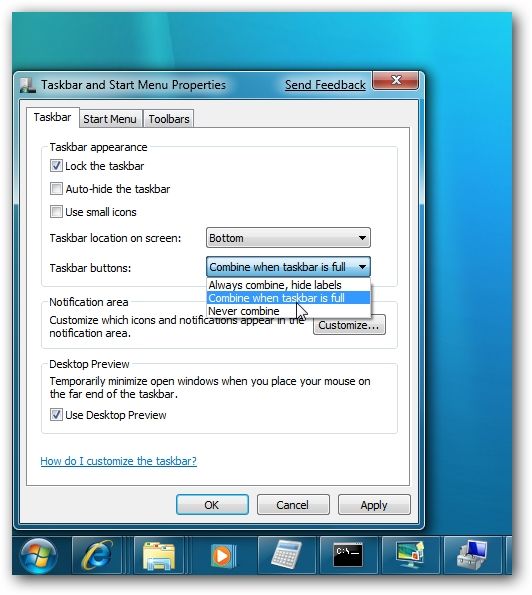 Windows 7 Taskbar Properties