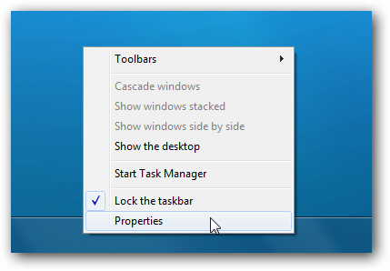 Windows 7 Taskbar Properties Menu