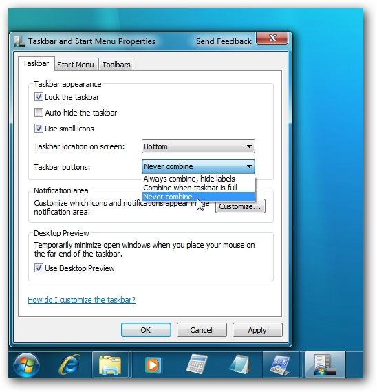 Windows 7 Taskbar Properties