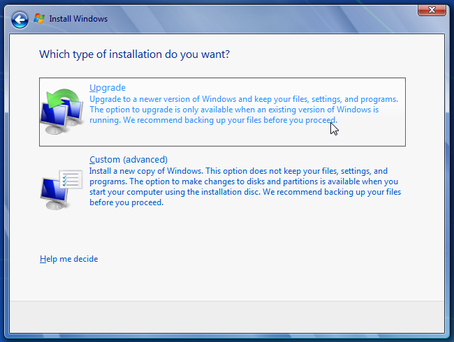Windows 7 choose upgrade type