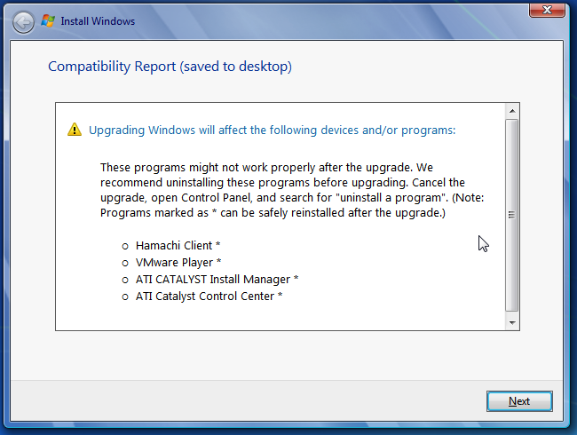 Windows 7 upgrade compatibility report