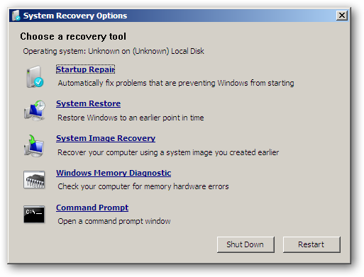 The &quot;System Recovery Menu&quot; on the repair disk, including the &quot;System Image Recovery.&quot;
