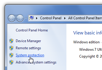 Control Panel System Protection Link