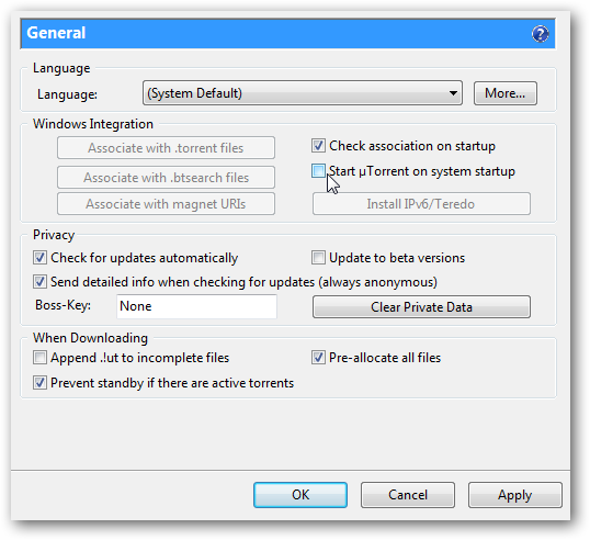 Stop uTorrent 2.0 from Automatically Starting in Windows