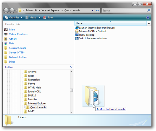 Add a shortcut to the Quick Launch folder to the Quick Launch folder