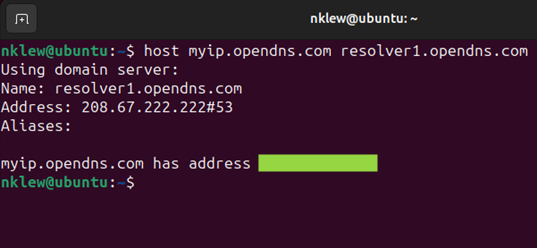 The result of using the OpenDNS website with the host command to recover your public IP. 
