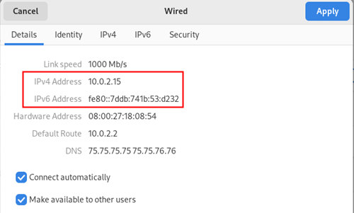 Your IPv4 and IPv6 addresses displayed on Fedora. 