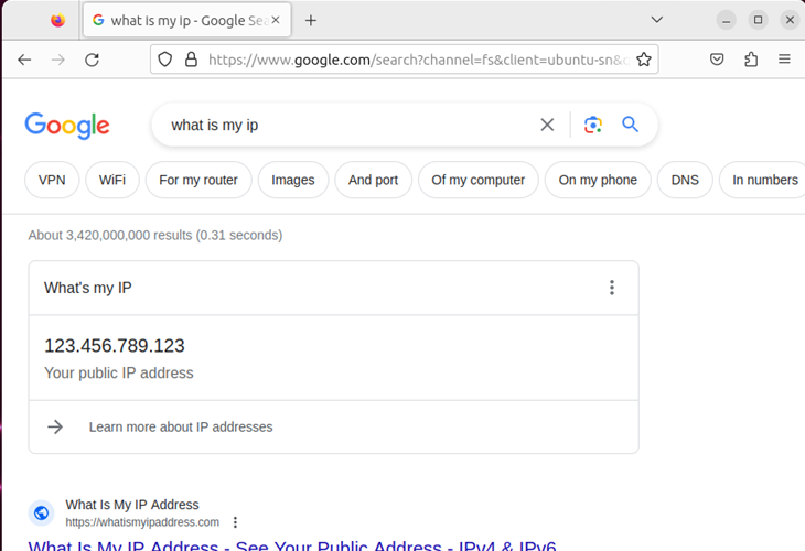 An IP address after searching &quot;What is my ip?&quot; on Google.