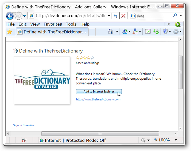 Quickly Lookup Word Definitions with TheFreeDictionary for IE 8