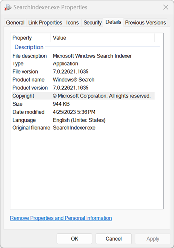 The Windows Search Indexer executable properties. 