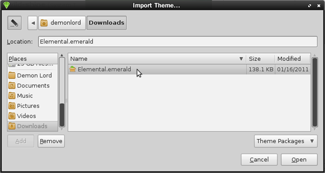 Browsing to import theme
