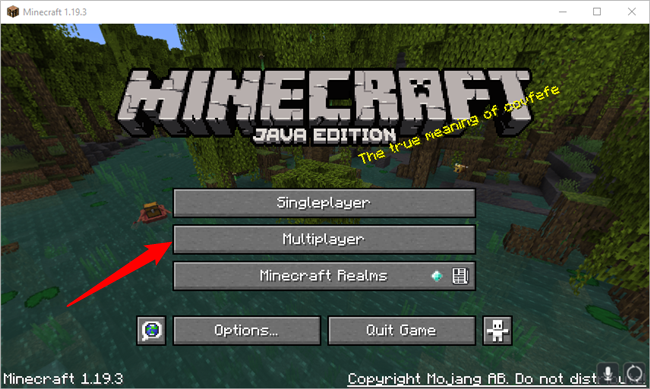 The main menu on Minecraft 1.19.3. Click "Multiplayer." 