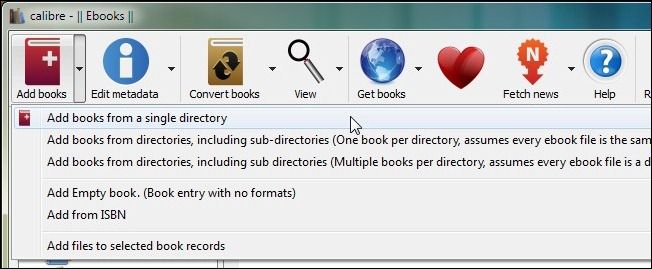 Open the Calibre, click "Add Books," and choose how you'd like to add books