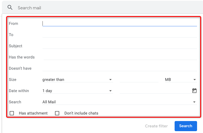 Gmail's search options.