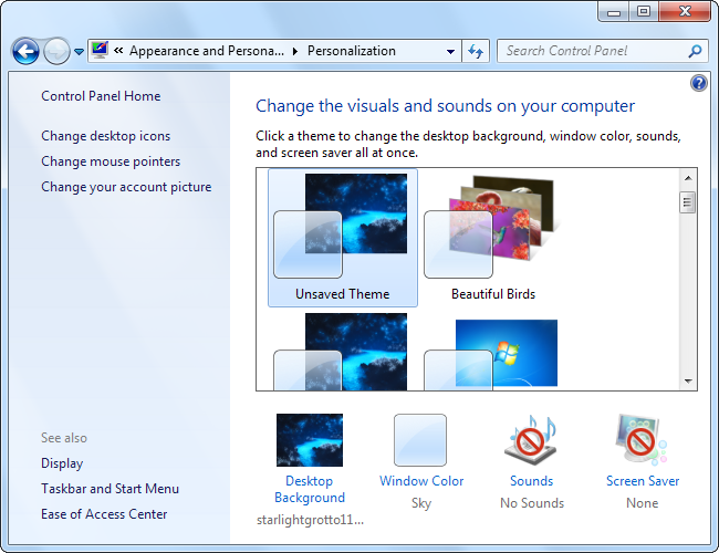The Personalization Window on Windows 7. 