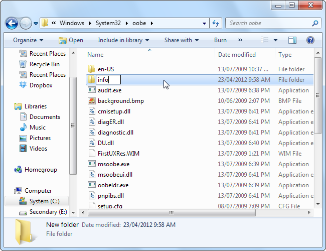 Create a folder named &quot;info&quot; with a subfolder named &quot;backgrounds&quot; in the System32 folder. 