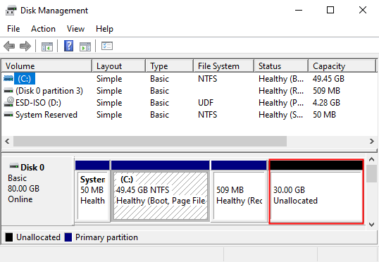 The Disk Management utility will show you the new space that is available on the virtual drive.