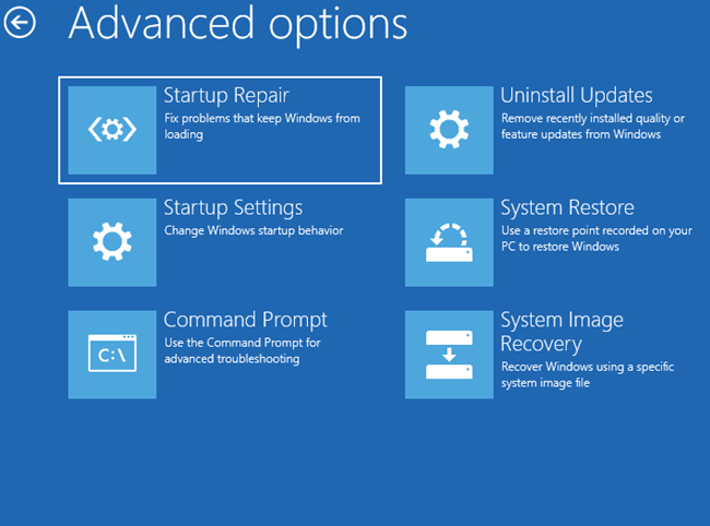 The Advanced Options available on Windows 10.