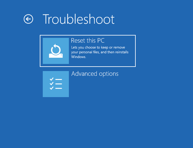 The Troubleshoot menu on Windows 10. Click "Reset this PC."