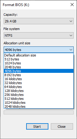 Select the allocation unit size you want.
