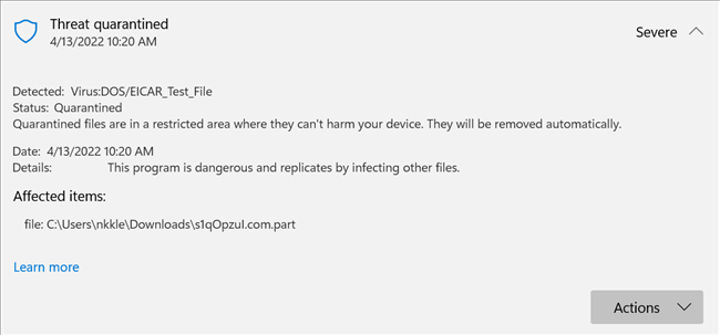 EICAR test file quarantined by Microsoft Defender.