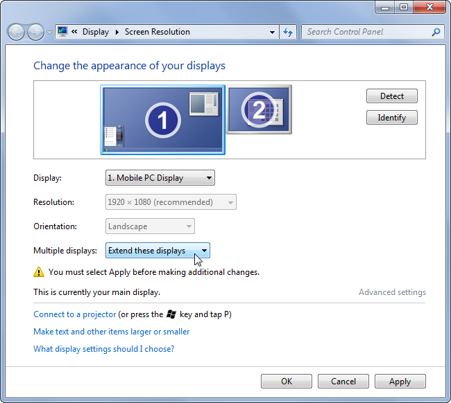 Windows 7 display controls in the Control Pnael. Click the drop down box next to &quot;Multiple Displays&quot; to select their behavior. 