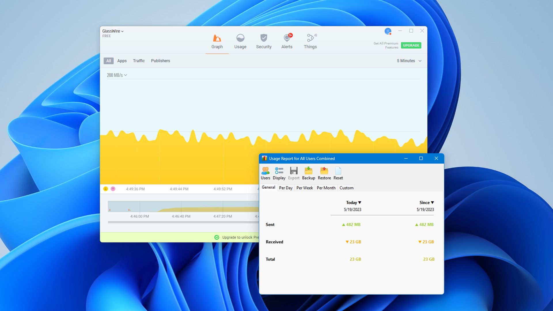 An example of bandwidth monitors GlassWire and NetWorx running on a Windows 11 PC.