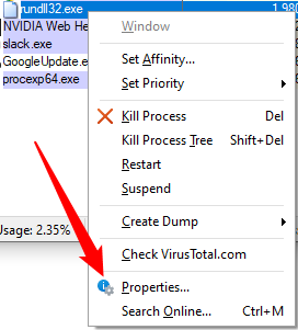 Right-click a process and select &quot;Properties.&quot;