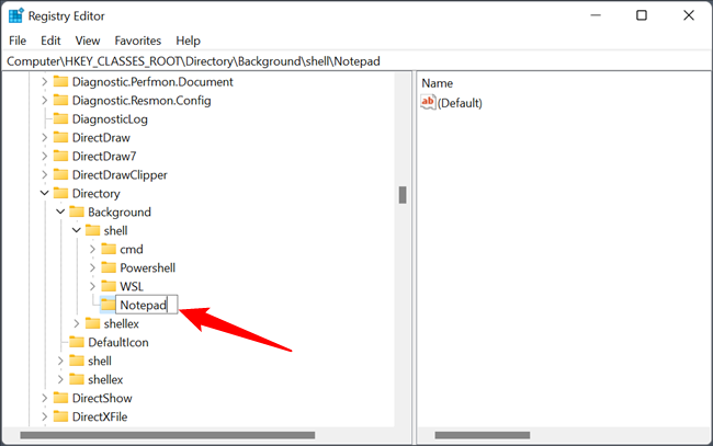 Name the new key &ldquo;Notepad.&quot;