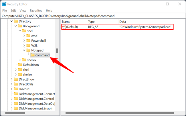 The value of the &ldquo;default&rdquo; has been set to Notepad&rsquo;s path.