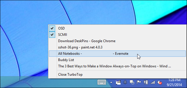 The TurboTop application menu in the Windows notification area.
