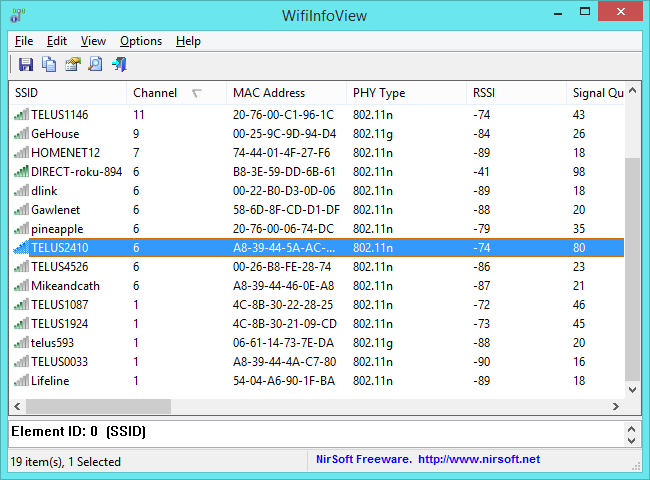 A large number of Wi-Fi networks displayed in WifiInfoView.