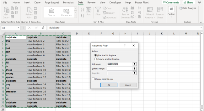 Advanced Filter box in Excel