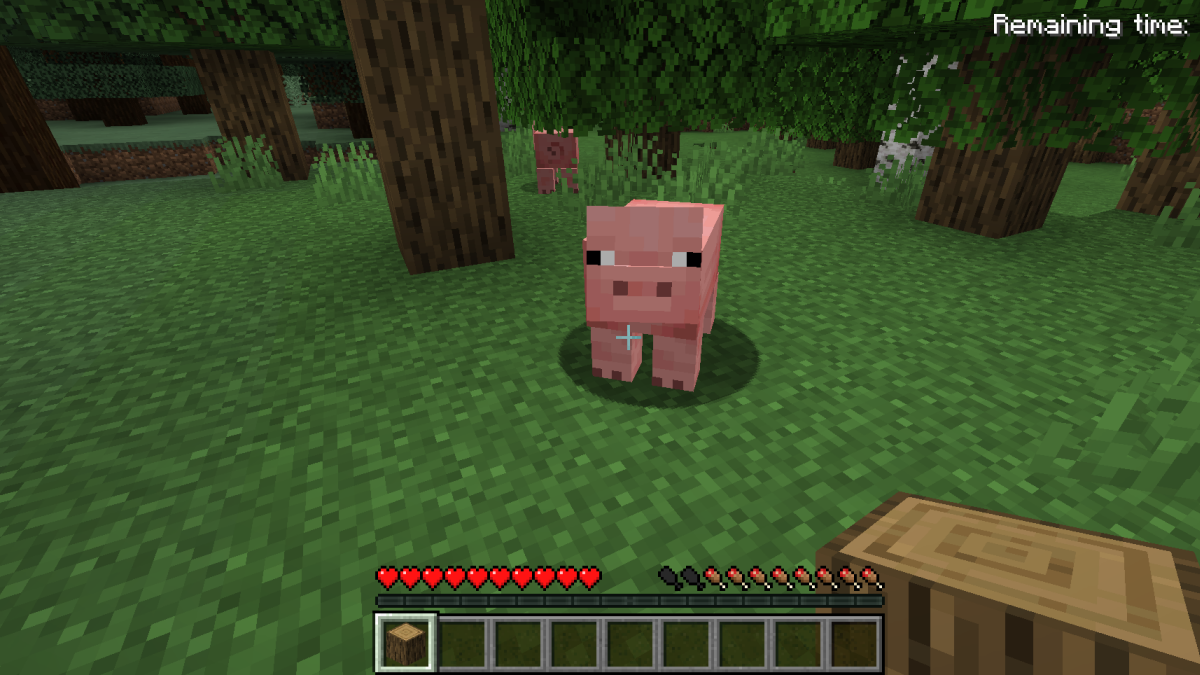 Minecraft pig with a wooden block in hand.