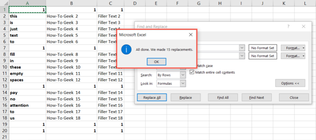 Replaced All message in Excel