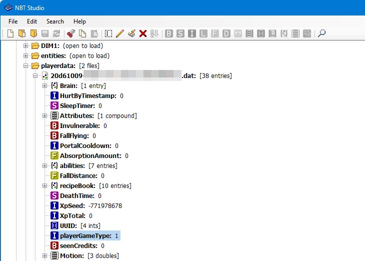 A screenshot of NBT Editor showing the playerGameType tag.
