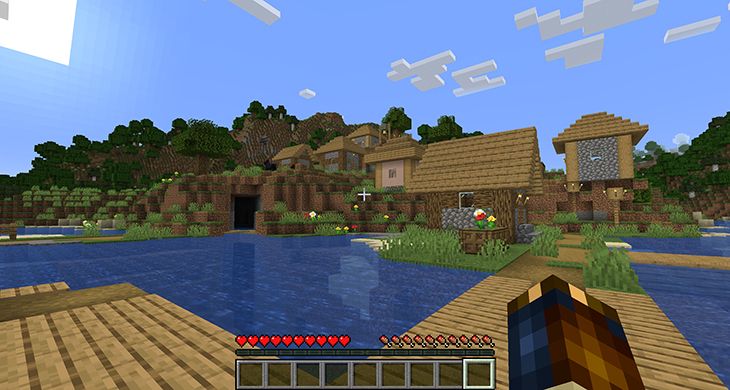 A minecraft player, standing on a village dock, in survival mode.