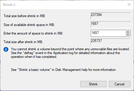 Enter the amount of space you want to shrink the partition by, then click &quot;Shrink.&quot; 