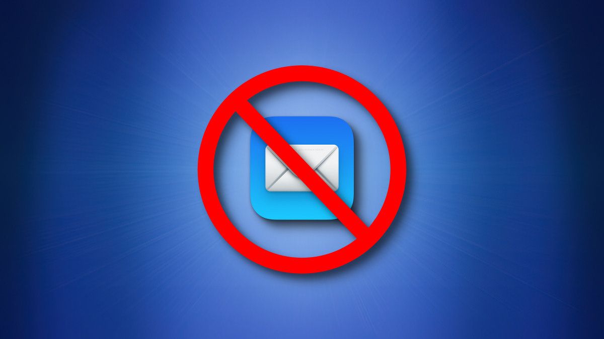 A crossed-out Apple Mail icon on a blue background