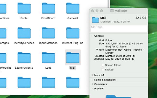 Checking your Mac's Mail library size in Finder.