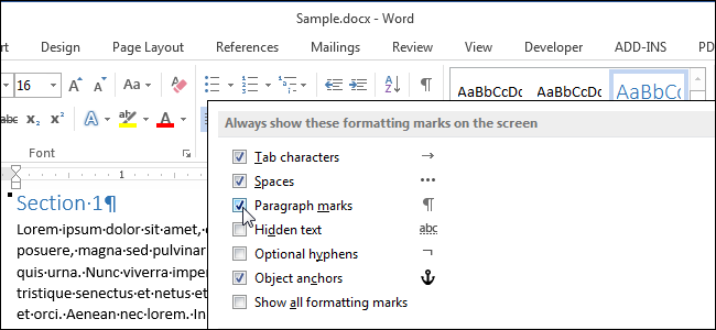 How To Show Non Printing Formatting Marks In Word 2016