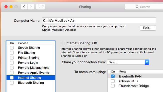 The Bluetooth PAN option on an older version of Mac OS X.